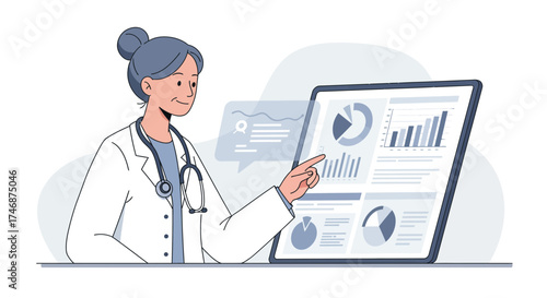 Doctor analyzing medical data on tablet, providing insights for patient care, showing graphs and charts, offering data driven decisions in healthcare setting