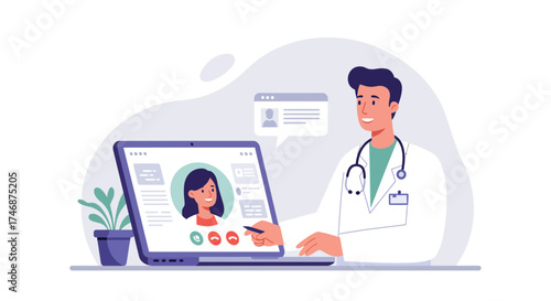 Friendly doctor offering telehealth services with virtual consultation on laptop, providing convenient healthcare solutions and building patient trust online, modern medicine