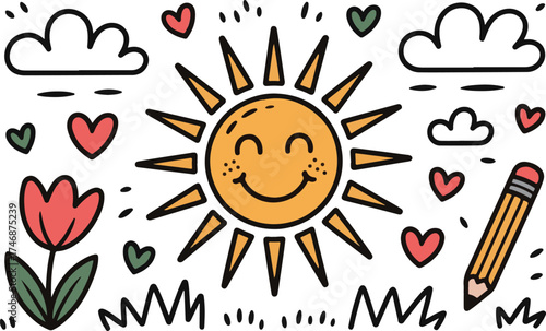 A cheerful handdrawn doodle illustration of a smiling sun with rays, surrounded by clouds, hearts, a tulip, grass, and a pencil, isolated on a transparent background
