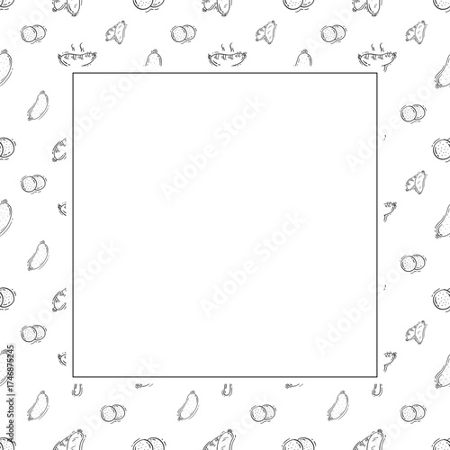 sausage frame. doodle grill sausage square frame. hand drawn sausage frame background. grill sausage background