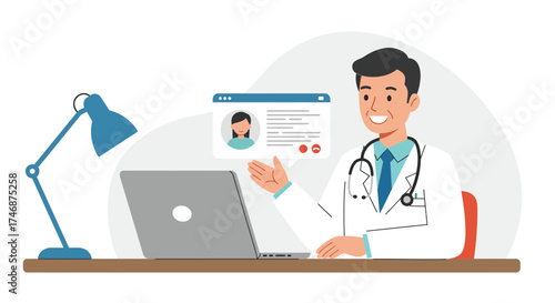 Friendly doctor offers telehealth consultation for convenient virtual care, connecting with patients online, ensuring accessible healthcare services at home