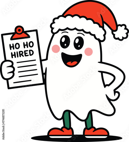 Friendly Christmas Ghost HR Manager with Ho Ho Hired Application Form	