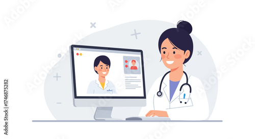 Friendly doctor providing virtual consultation on computer, offering healthcare support and telemedicine services for convenient patient care and online medical advice