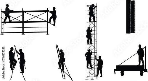 Construction worker silhouettes on scaffolding, teamwork, elevated platforms, safety gear, industrial labor, building site, professional builders, teamwork concep