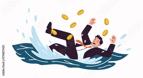 Businessman struggling in troubled waters with coins falling.

