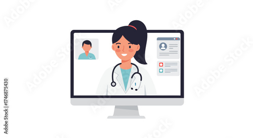 Friendly doctor consults with patient during telehealth appointment on computer screen, promoting accessible and convenient healthcare solutions online