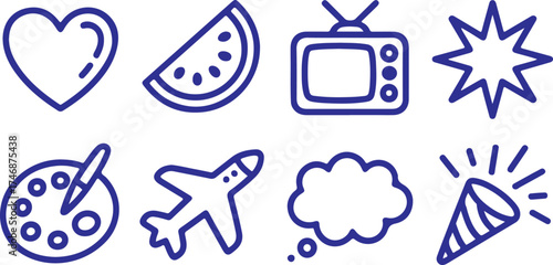 Collection of simple outlined icons representing various concepts like love, food, entertainment, art, travel, and celebration, isolated on a transparent background
