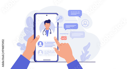 Virtual Healthcare Mobile App Interface with Doctor Chat, Telemedicine Consultation on Smartphone, Remote Medical Advice, Connecting Patients and Doctors Online