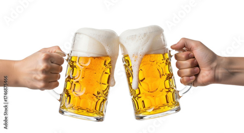 Isolated beer mugs cheering celebrate Oktoberfest, toast of clinking glass, ale, party, pub
