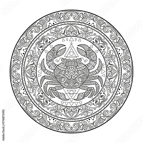 Intricate mandala design features a stylized crab symbol surrounded by detailed ornamental patterns, perfect for astrology and spiritual themes