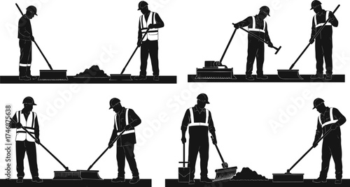 Construction worker silhouettes road work, spreading asphalt, shoveling material, sweeping surface, paving teamwork, industrial labor illustration, building site maintenance, Christmas zombie