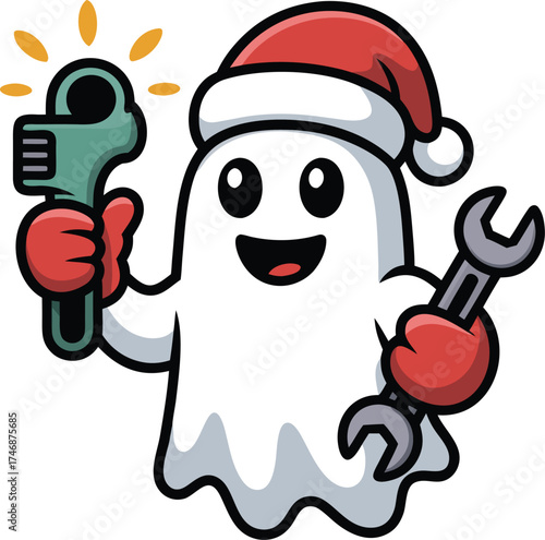 Handy Christmas Ghost Mechanic with Wrench and Glowing Car Part	