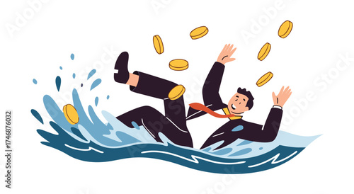 Businessman struggling in troubled waters with coins falling.
