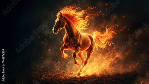 A fiery horse with a fluttering mane and a tail of flame from which sparks fly gallops forward against a dark background. The concept of rage, strength, the year of the horse, the zodiac sign.