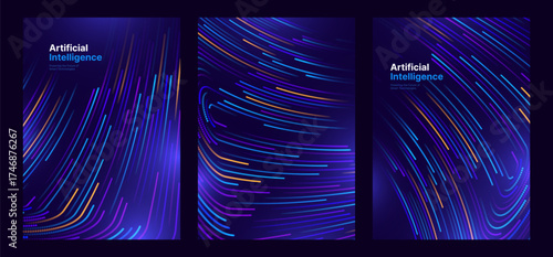 AI Technology or Tech Science Corporate Cover Background with Futuristic Light Lines on Dark Blue. Ideal for Annual Reports, Tech Presentations, and Science Innovation Themes. Vector Illustration.