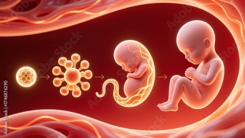 Sequence of glowing fetal stages in red background, Digital Womb with Virtual Fetus showing growth progression