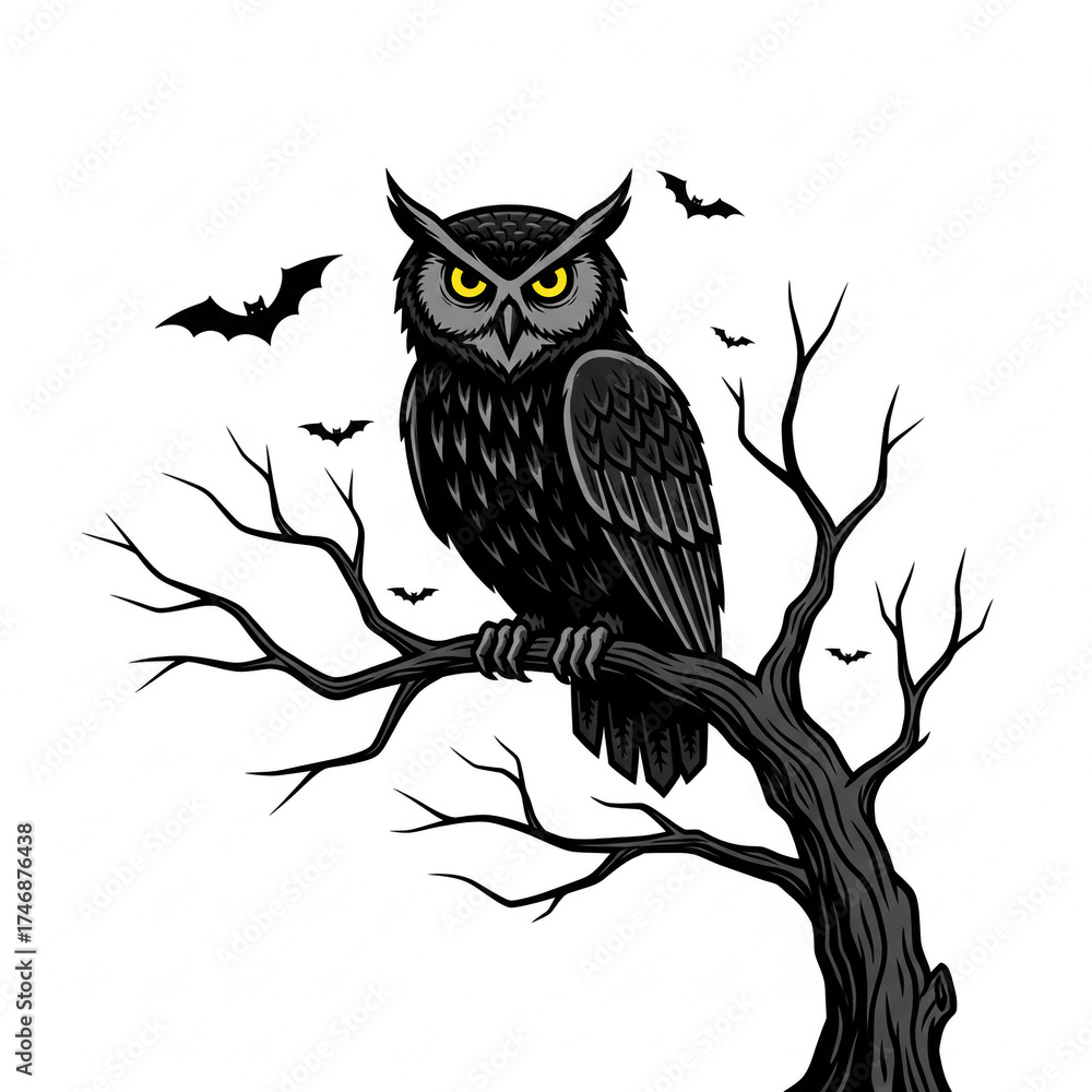 Naklejka premium Intense owl with glowing eyes perches on a spooky bare tree branch surrounded by flying bats, perfect for Halloween themes