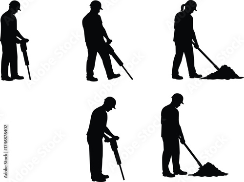 Construction worker silhouettes using jackhammer and shovel, industrial labor icons, heavy equipment, building site tools, roadwork, safety, teamwork, occupation, Christmas zombie