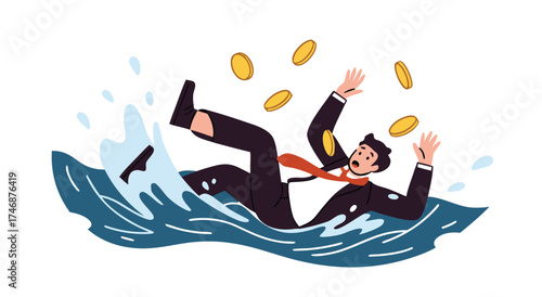 Businessman struggling in troubled waters with coins falling.
