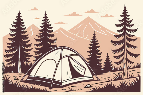  detailed illustration, camping tent in the forest, pine trees, mountains in the background, warm color palette, flat design, minimalist style