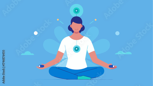 A serene scene of a person meditating wearing a device that tracks breathing patterns and mindfulness progress illustrated with calming visuals.