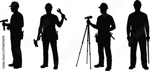 Construction worker silhouettes with drill, wrench, hammer, sledgehammer, survey equipment, tool belt, industrial labor icons, teamwork, building site, Christmas zombie