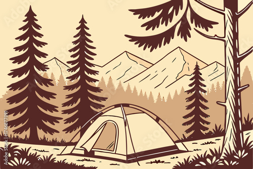  detailed illustration, camping tent in the forest, pine trees, mountains in the background, warm color palette, flat design, minimalist style