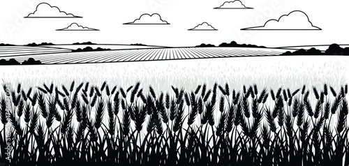 Vector art of black and white illustration of a wheat field under a cloudy sky, with rolling hills in the background