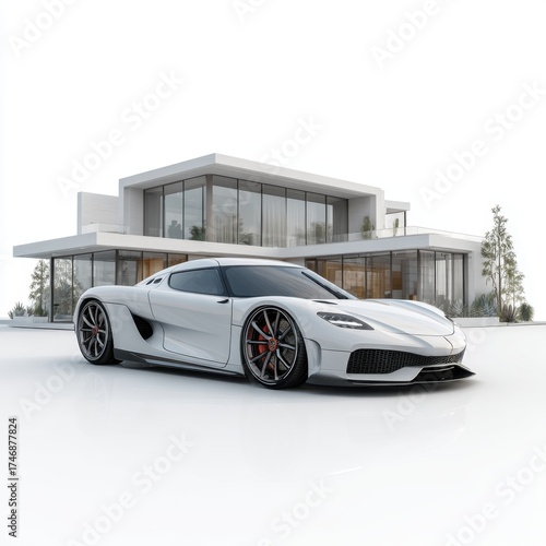 Sleek white luxury sports car parked in front of a modern minimalist white mansion with glass walls and trees