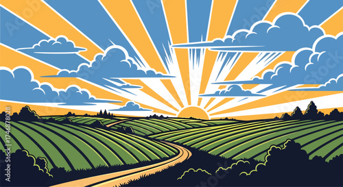 Vector art of sunrise over rolling green farmland with a winding road leading into the distance under a dramatic sky with sunburst and clouds