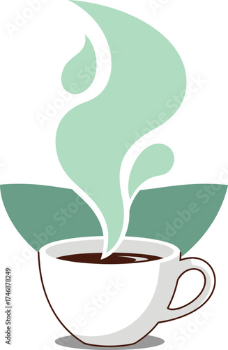 Vector art of a steaming cup of coffee with a stylized green leaf design