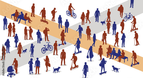 Vector art of a diverse crowd of people of all ages and genders, some walking, some riding bicycles, scooters, and skateboards, with dogs and strollers, in a busy urban park setting