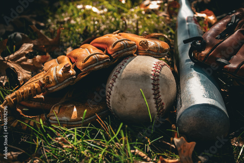 Photography a baseball and baseball equipment, including a glove and a bat, resting on grass and fallen leaves