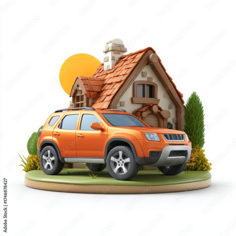 Fototapeta premium Orange SUV parked in front of a charming cartoon house with a sun and green foliage