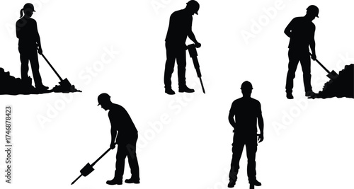 Construction worker silhouettes with shovel, jackhammer, compactor, supervisor, industrial labor icons, building site teamwork, safety gear, occupation tools, roadwork, Christmas zombie