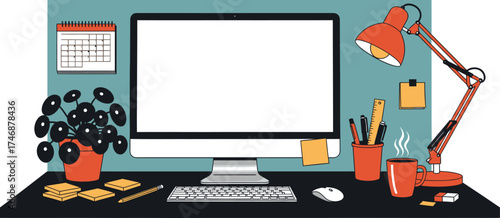 Vector art of modern home office desk setup with computer, keyboard, mouse, lamp, plant, and coffee mug, perfect for remote work or study