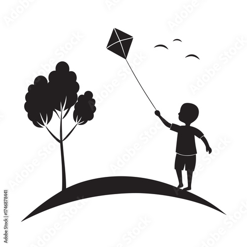Boy Flying Kite On Hill Silhouette Vector