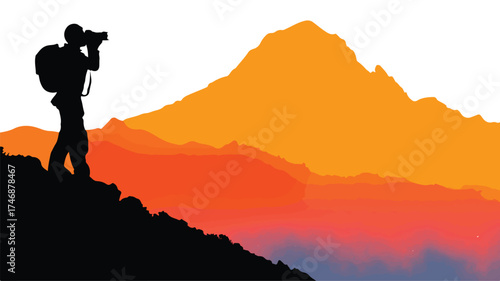 Silhouette of Person Photographing Mountain Peak Vector