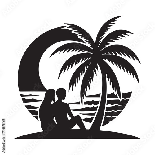 Couple Standing Under Palm Tree Silhouette Vector