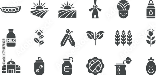 Vector art of collection of farming and food icons including a pea pod, sun over fields, windmill, mushroom, milk bottle, sunflower, wheat, flower, building, jar, pie, and coffee grinder