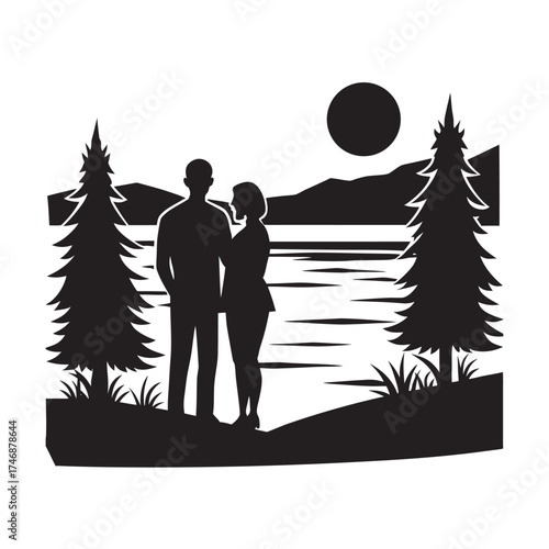 Couple Watching Sunset At Lake Silhouette Vector