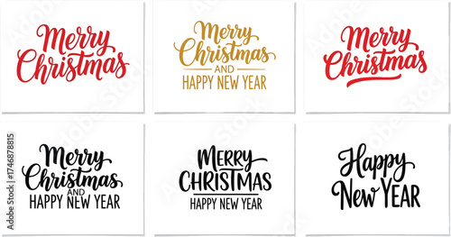 Vector art of collection of six different merry christmas and happy new year typographic designs