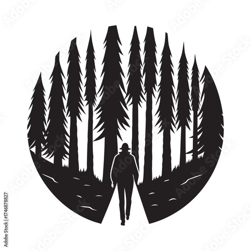 Hiker Walking Along Forest Path Silhouette Vector