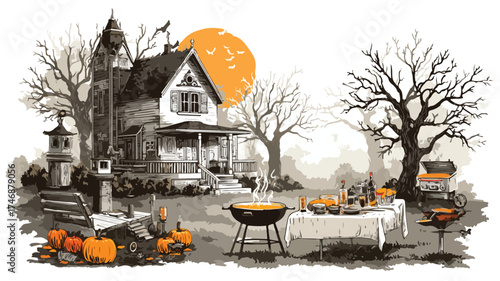 Spooky Summer Backyard BBQ Scenes - Mysterious Nighttime Gathering with Halloween Vibes