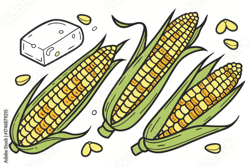 Corn on the cob with butter, harvest food element, silhouette vector illustration