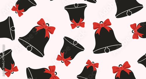 Pattern of black bells with red bows on light background  