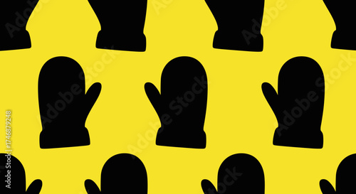 Black mittens pattern on bright yellow background  