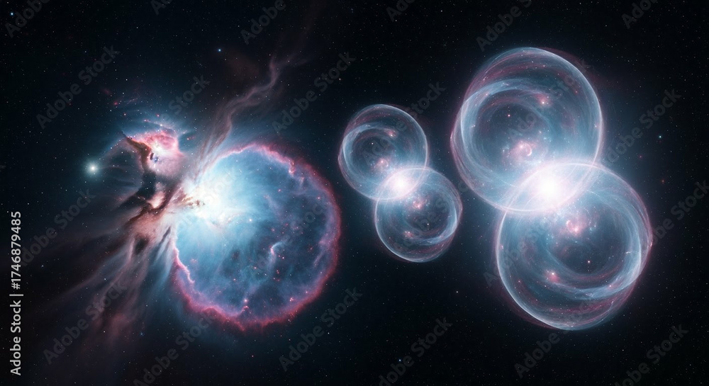 Obraz premium Vibrant Emission Nebula and Luminous Interconnected Orbs in Deep Space: Abstract Cosmic Energy and Quantum Concepts