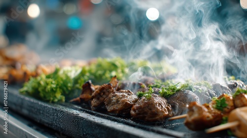 Delicious Grilled Skewers with Smoke and Fresh Vegetables at an Outdoor Food Market