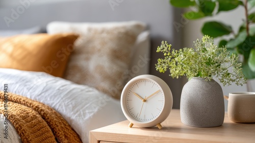 Cozy Bedroom Interior Featuring A Minimalist Clock And Decorative Plants On A Wooden Nightstand
